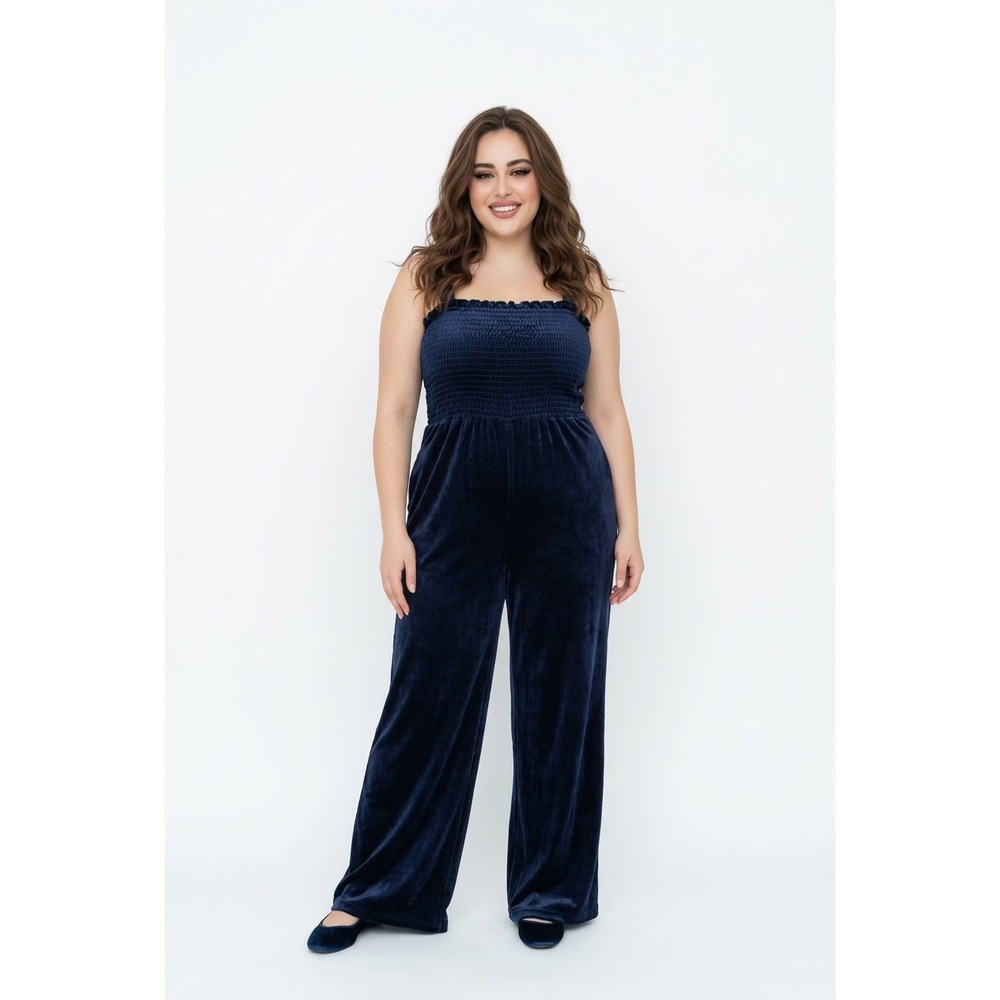 Juicy by Juicy Couture Navy Blue Velour Smocked Wide Leg Jumpsuit Womens 3X